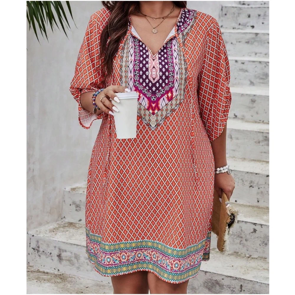 Plus Tribal Print Neck tie Mini Dress - Picture 8 of 9